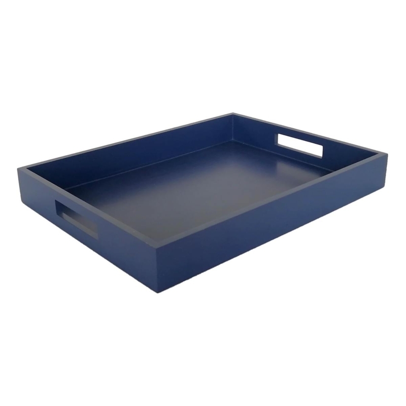 Decorative Tray: Navy Blue Wood Toned Finish with Cutout Handles