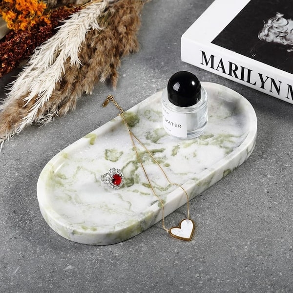 Decorative Tray Oblong Green Marbling Polished Stone Vanity Organizer