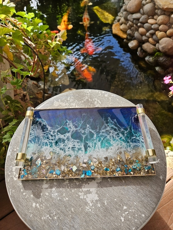 Decorative Tray: Ocean Resin Art, Crystal Accent Handles, Coastal Set