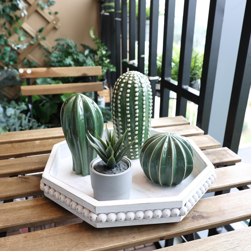 Decorative Tray Octagonal Whitewashed Wood with Beaded Trim