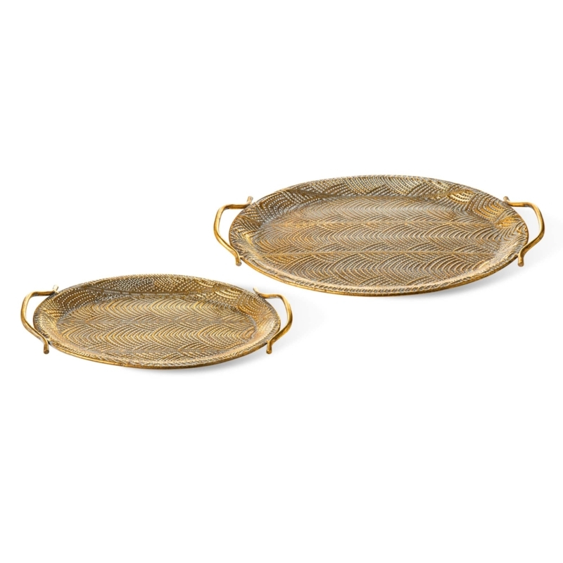 Decorative Tray Oval Metallic Brushed Finish Integrated Handles Set