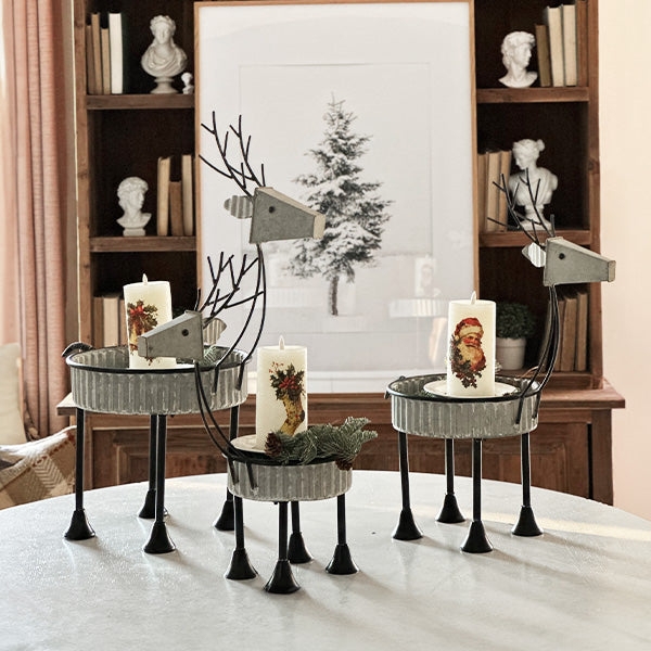 Decorative Tray Pair: Galvanized Metal Reindeer Shape Rustic Industrial