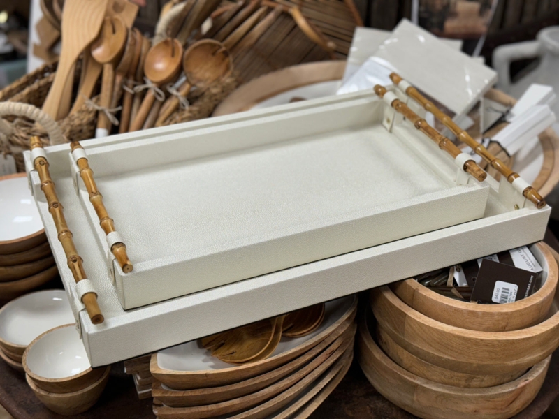 Decorative Tray Pebbled Texture Gold Bamboo Handles Coastal Glam