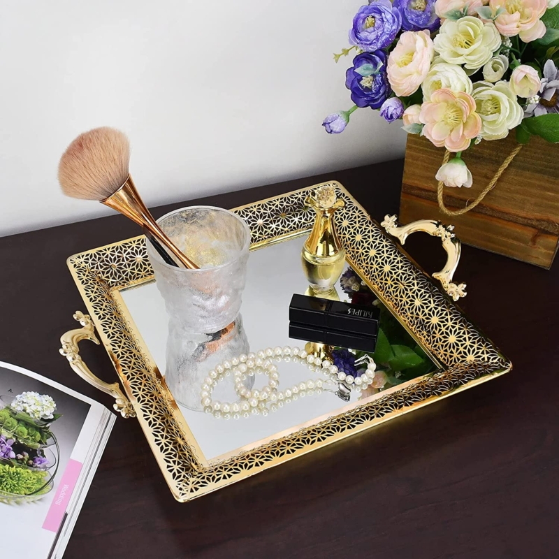 Decorative Tray Polished Gold Sculptural Handles Rectangular Mirrored