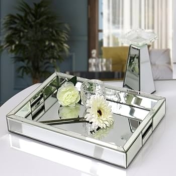 Decorative Tray Polished Silver Rectangular Cut-out Handles Mirrored