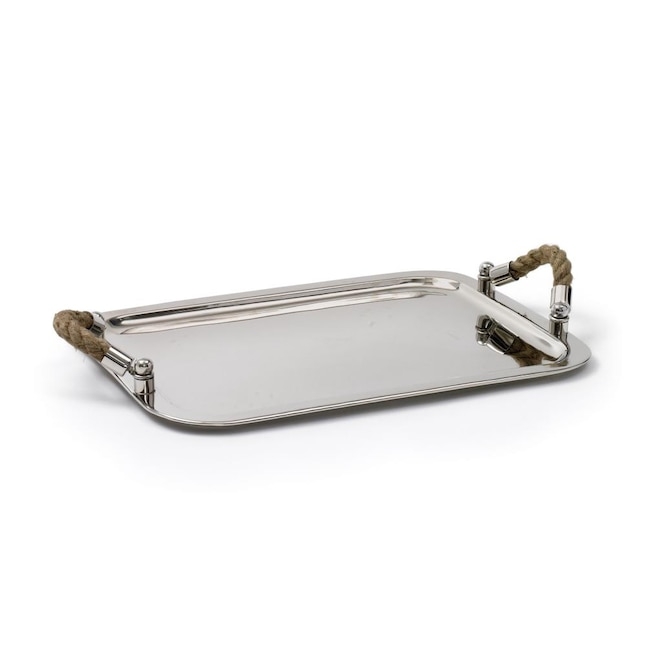 Decorative Tray Polished Steel Rope Handles Coastal Sleek Accent