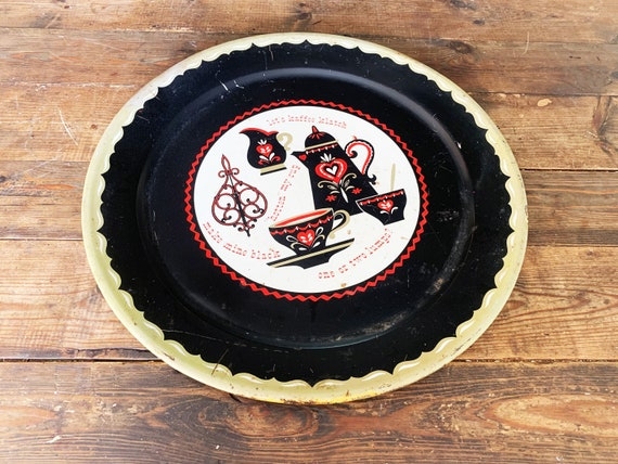 Decorative Tray Printed Text Kaffee Klatch Vintage Metal Round Black