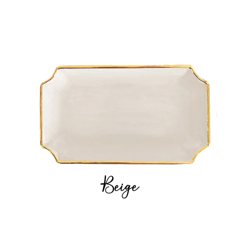 Decorative Tray Rectangular Beige Ceramic Like Gold Monogram Catchall
