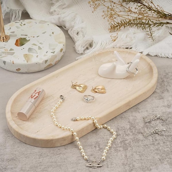 Decorative Tray Rectangular Beige Stone Like Texture Organic Modern