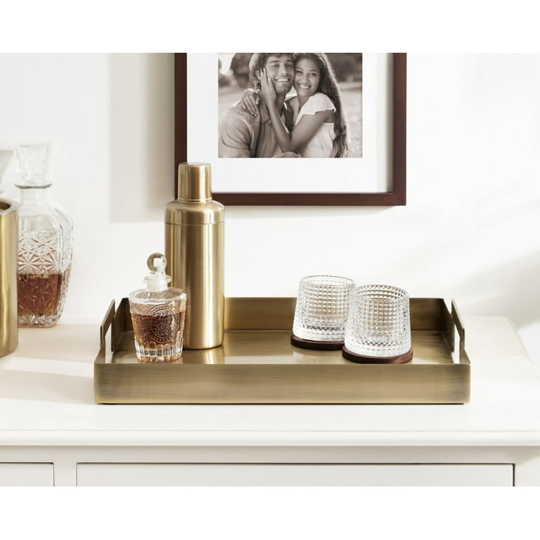 Decorative Tray Rectangular Brass Polished Finish Integrated Handles