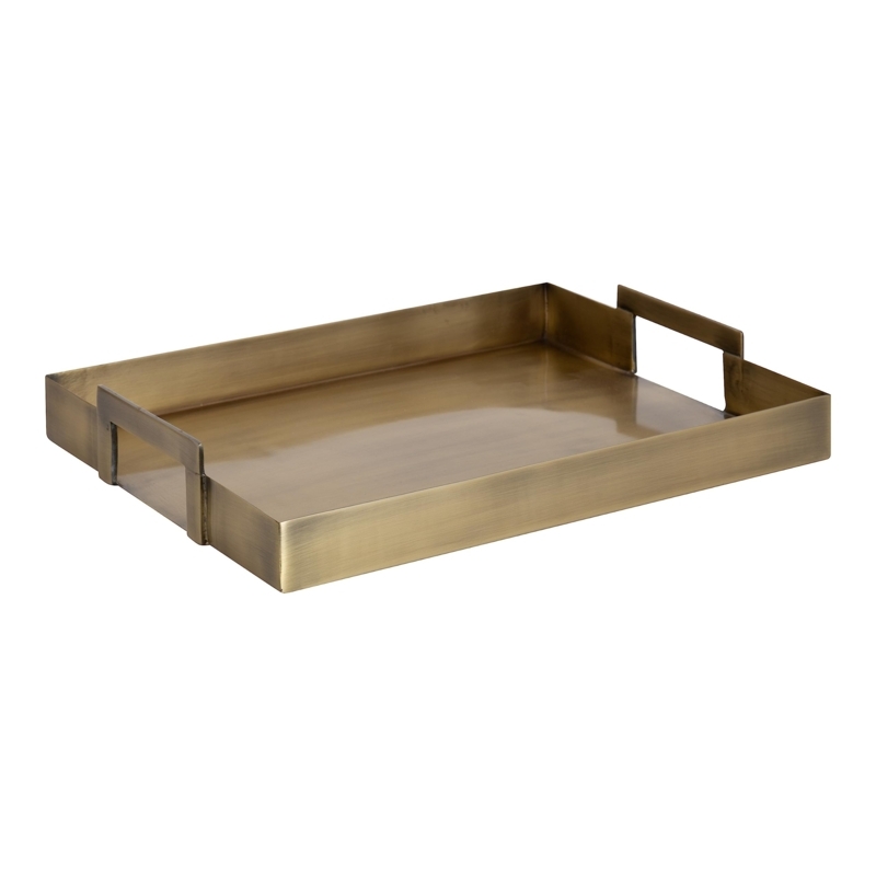 Decorative Tray Rectangular Brushed Brass Finish Integrated Handles