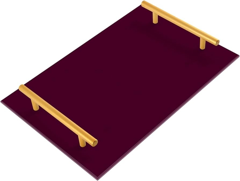Decorative Tray, Rectangular Burgundy Leather-Like with Stitched Edges