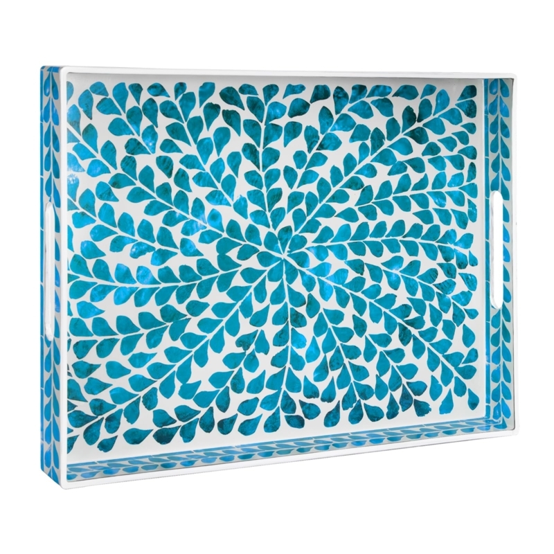 Decorative Tray Rectangular Cobalt Blue Botanical Leaf Print Handles