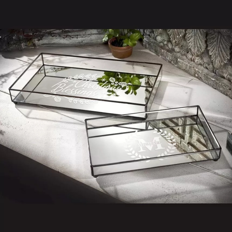 Decorative Tray Rectangular Etched Mirror Base Geometric Motifs Silver
