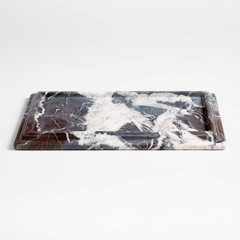 Decorative Tray, Rectangular Fluted Gray Marble-Like Stone, Veined