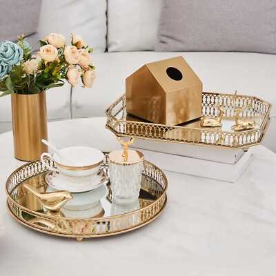 Decorative Tray Rectangular Geometric Wire Frame Mirrored Organizer