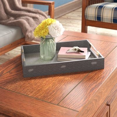 Decorative Tray, Rectangular Gray Faux-Shagreen with Gold Metal Handles