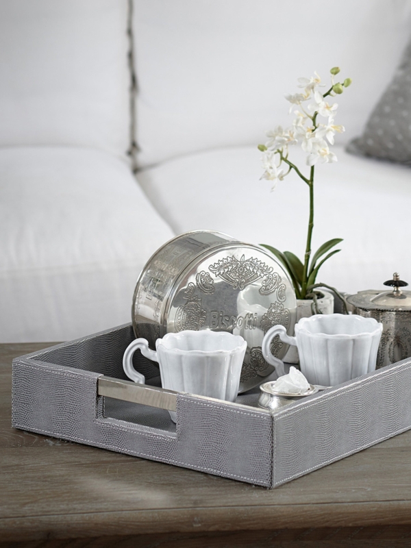 Decorative Tray, Rectangular Grey Faux Snake Skin, Cutout Handles