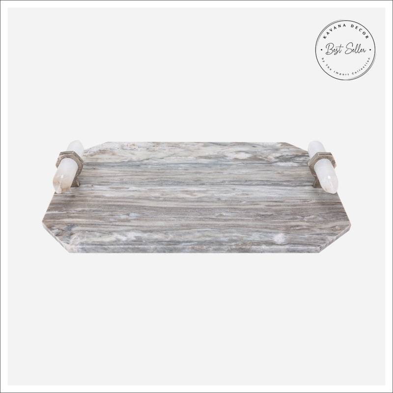Decorative Tray, Rectangular Grey Marble-Like with Block Stone Handles