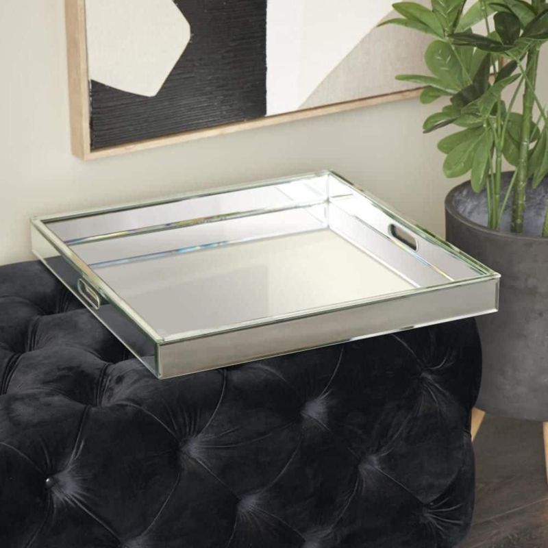 Decorative Tray Rectangular Mirrored Base Geometric Cutout Rim