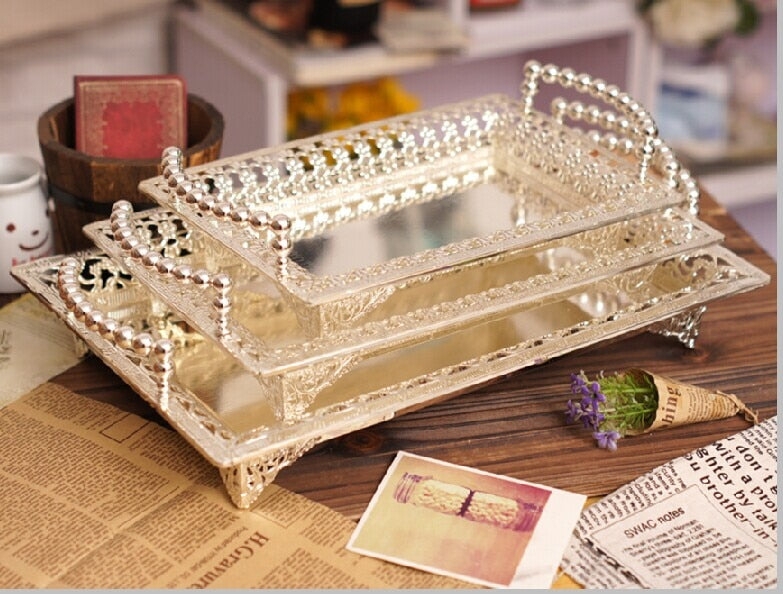 Decorative Tray Rectangular Mirrored Bottom Lattice Cutout Sides