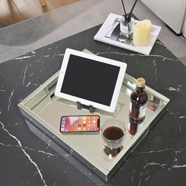 Decorative Tray Rectangular Mirrored Geometric Fretwork Silver Vanity
