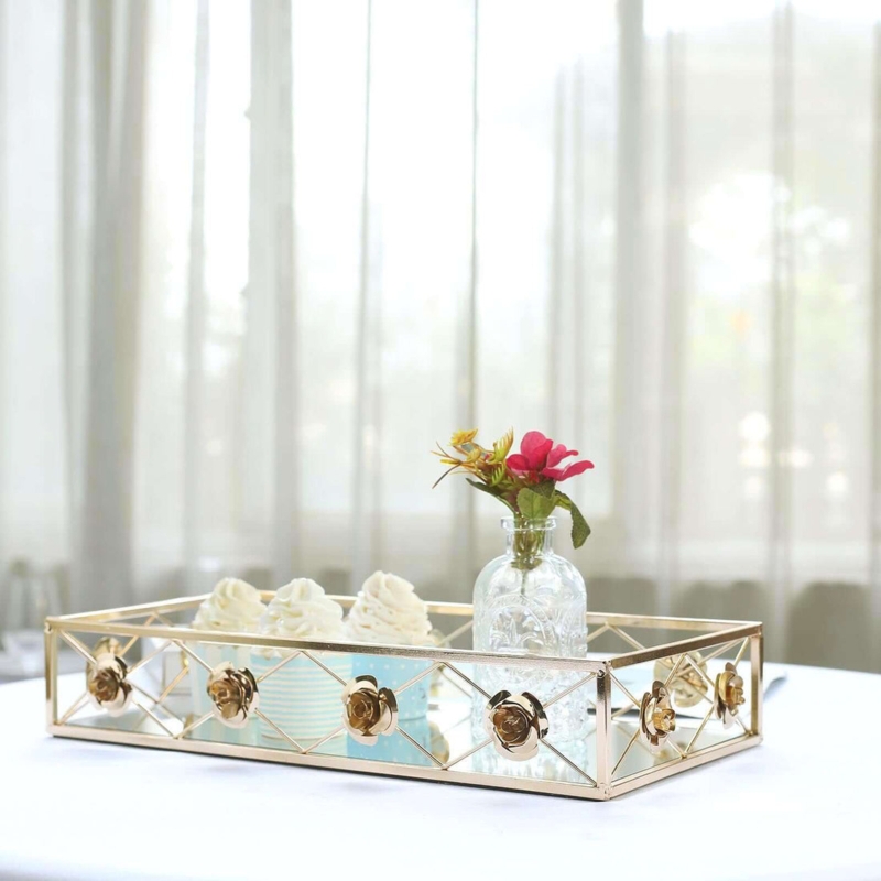 Decorative Tray Rectangular Ornate Rose Border Mirrored Set Glam
