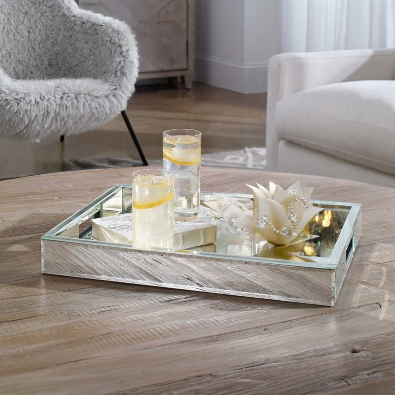 Decorative Tray Rectangular Polished Silver Finish Mirrored Base