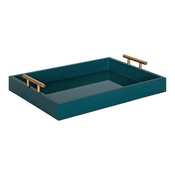 Decorative Tray Rectangular Teal Sunburst Pattern Polished Silver Handles