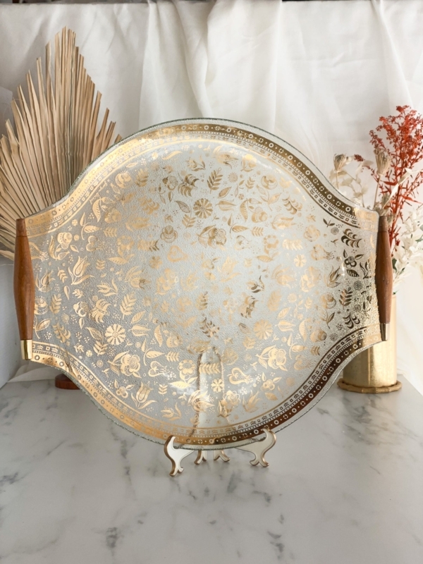 Decorative Tray Rectangular Transparent Glass Gold Floral Accents Vintage