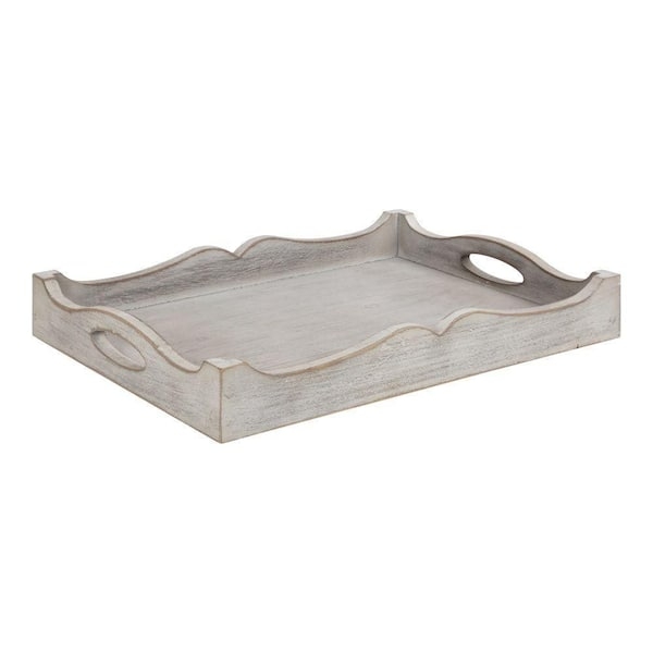Decorative Tray: Rectangular Washed Wood, Slim Black Metal Handles