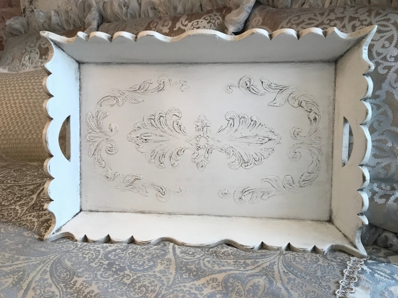Decorative Tray Rectangular Waxed White Gold Scroll Handles Traditional