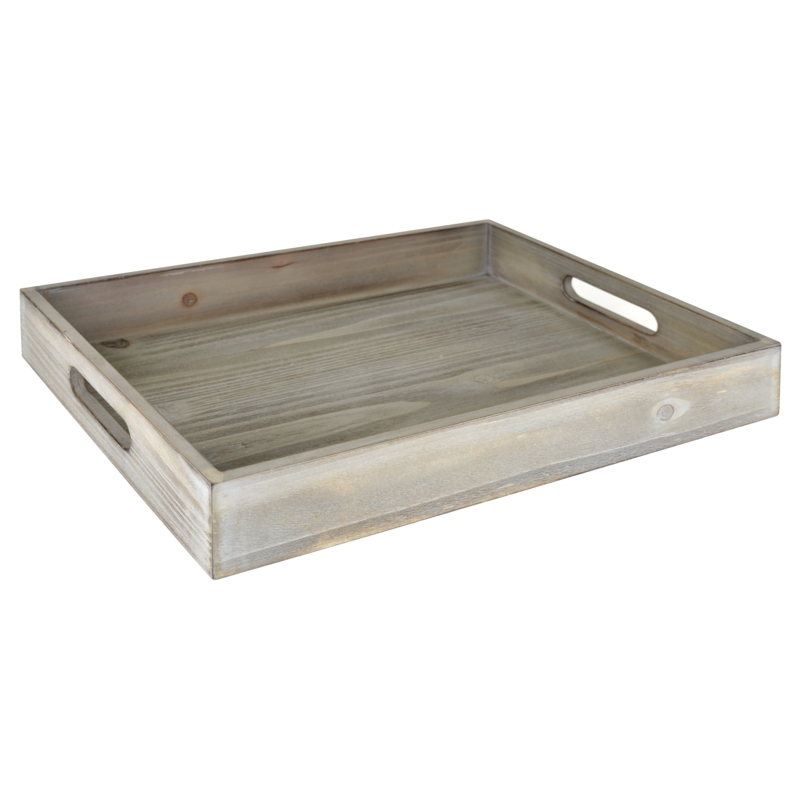 Decorative Tray: Rectangular Wood Wash Finish, Cutout Handles Vanity