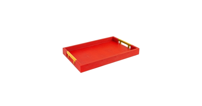 Decorative Tray, Red Shagreen Texture with Polished Gold Metal Handles