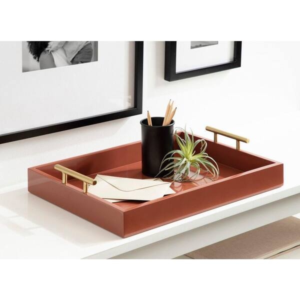 Decorative Tray, Red Wood-Toned Construction with Polished Silver Handles