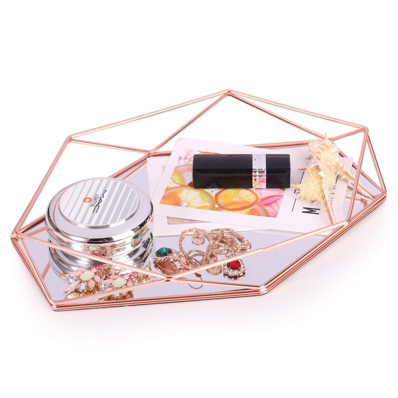 Decorative Tray Rose Gold Wireframe Mirrored Hexagonal
