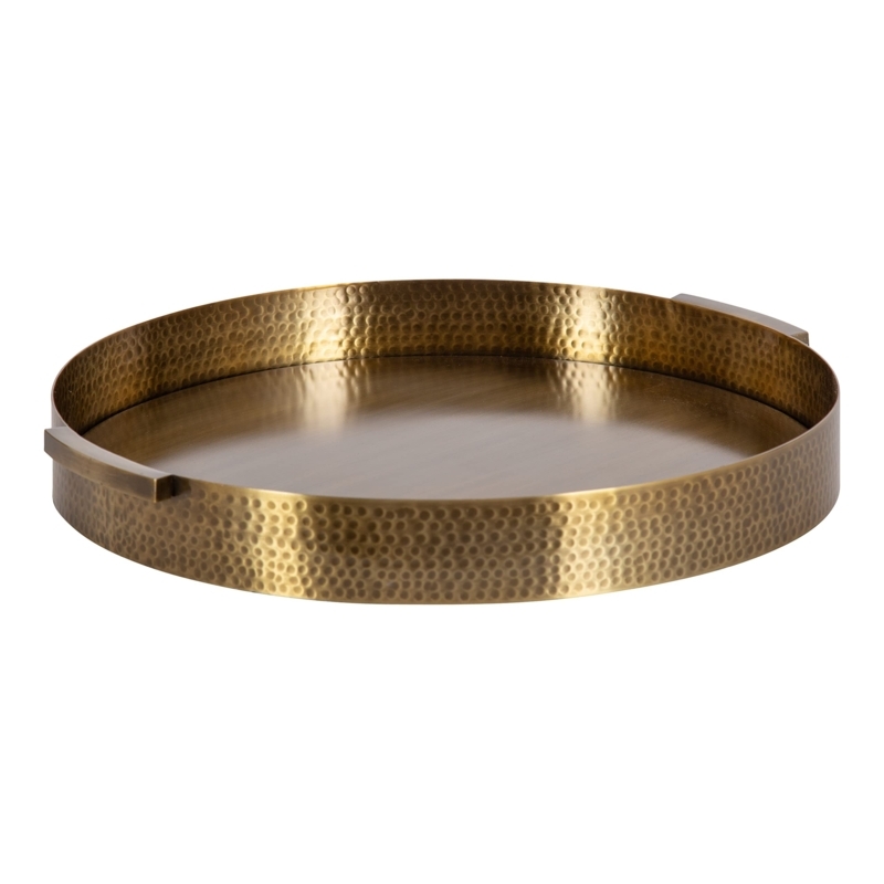 Decorative Tray Round Antique Brass Hammered Texture Loop Handles