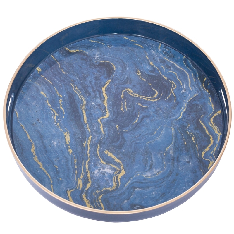 Decorative Tray Round Blue and White Marble Pattern Gold Rim Handles