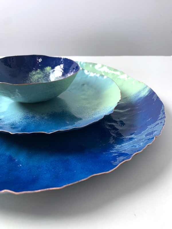 Decorative Tray Round Blue Monochromatic Gradient Stackable Matte Finish