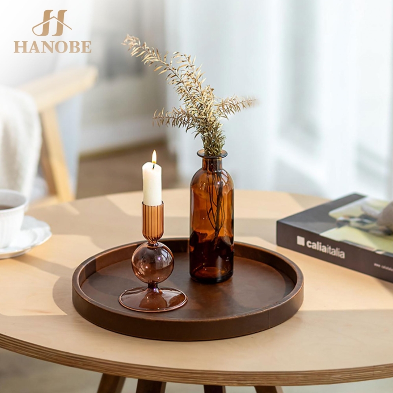 Decorative Tray Round Brown Leather Like Stitching Detail Modern