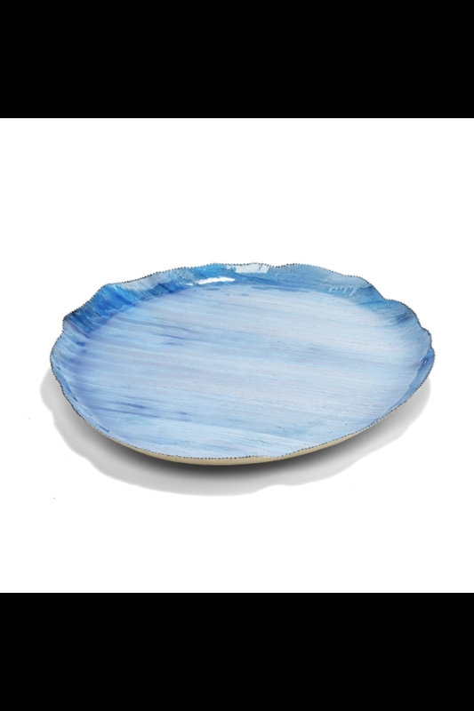 Decorative Tray Round Cobalt Blue Enamel Polished Gold-Toned Rim