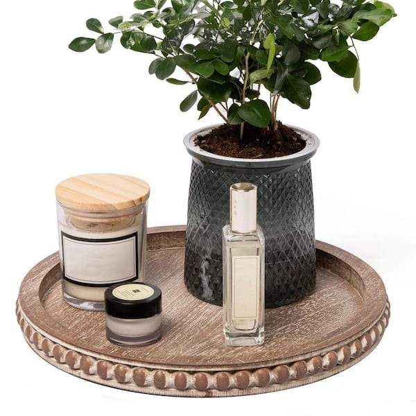 Decorative Tray: Round Distressed Wood, Shallow Rim Vintage Style