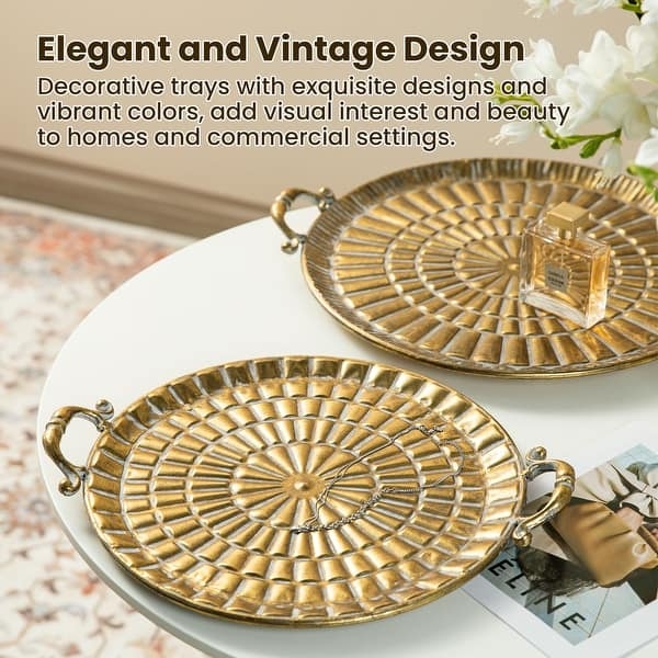 Decorative Tray Round Embossed Floral Pattern Warm Tone Set of 2