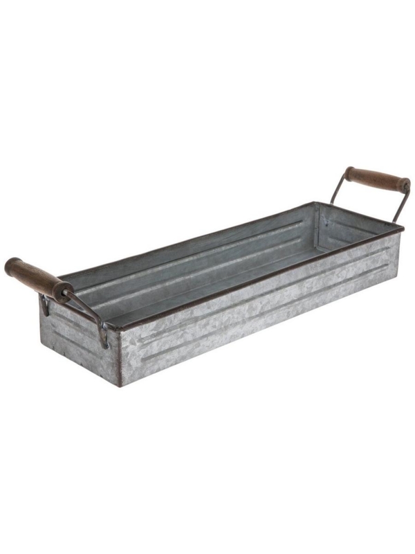 Decorative Tray Round Galvanized Metal Wood-Toned Handles Rustic