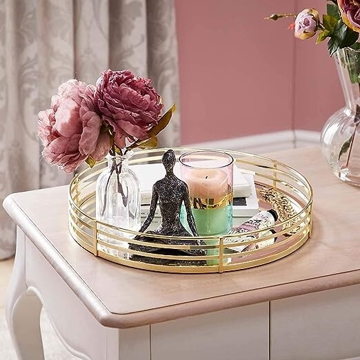 Decorative Tray Round Geometric Cutout Rim Mirrored Coffee Table Accent
