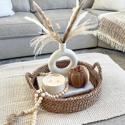 Decorative Tray: Round Handwoven Fiber with Raised Rim, Organic Modern
