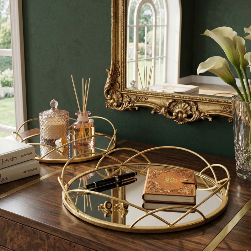 Decorative Tray Round Intricate Lattice Mirrored Traditional Vanity