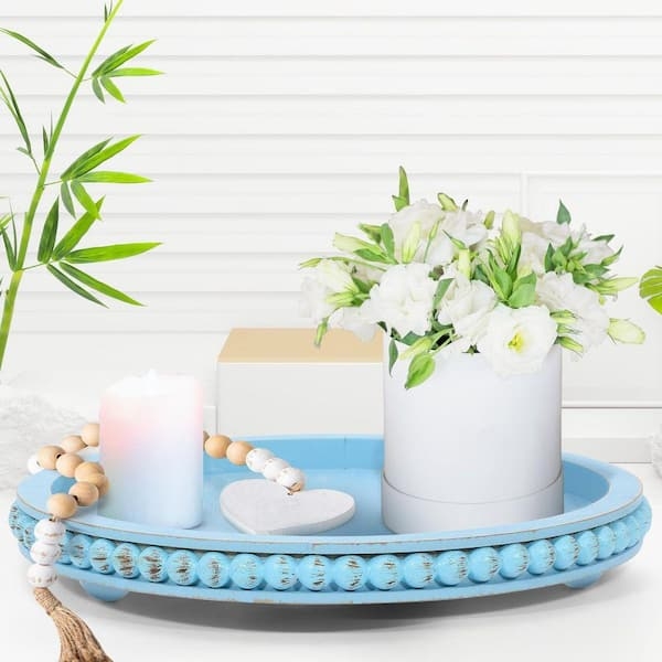 Decorative Tray Round Light Blue Wood Matte Finish Raised Rim 12 Inch