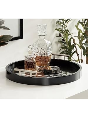 Decorative Tray Round Matte Black Lattice Cutout Silver Handles