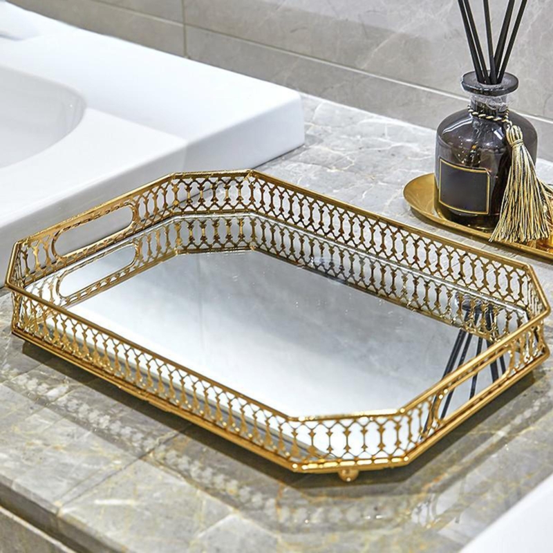Decorative Tray Round Mirrored Geometric Lattice Frame Gold Glam Tray